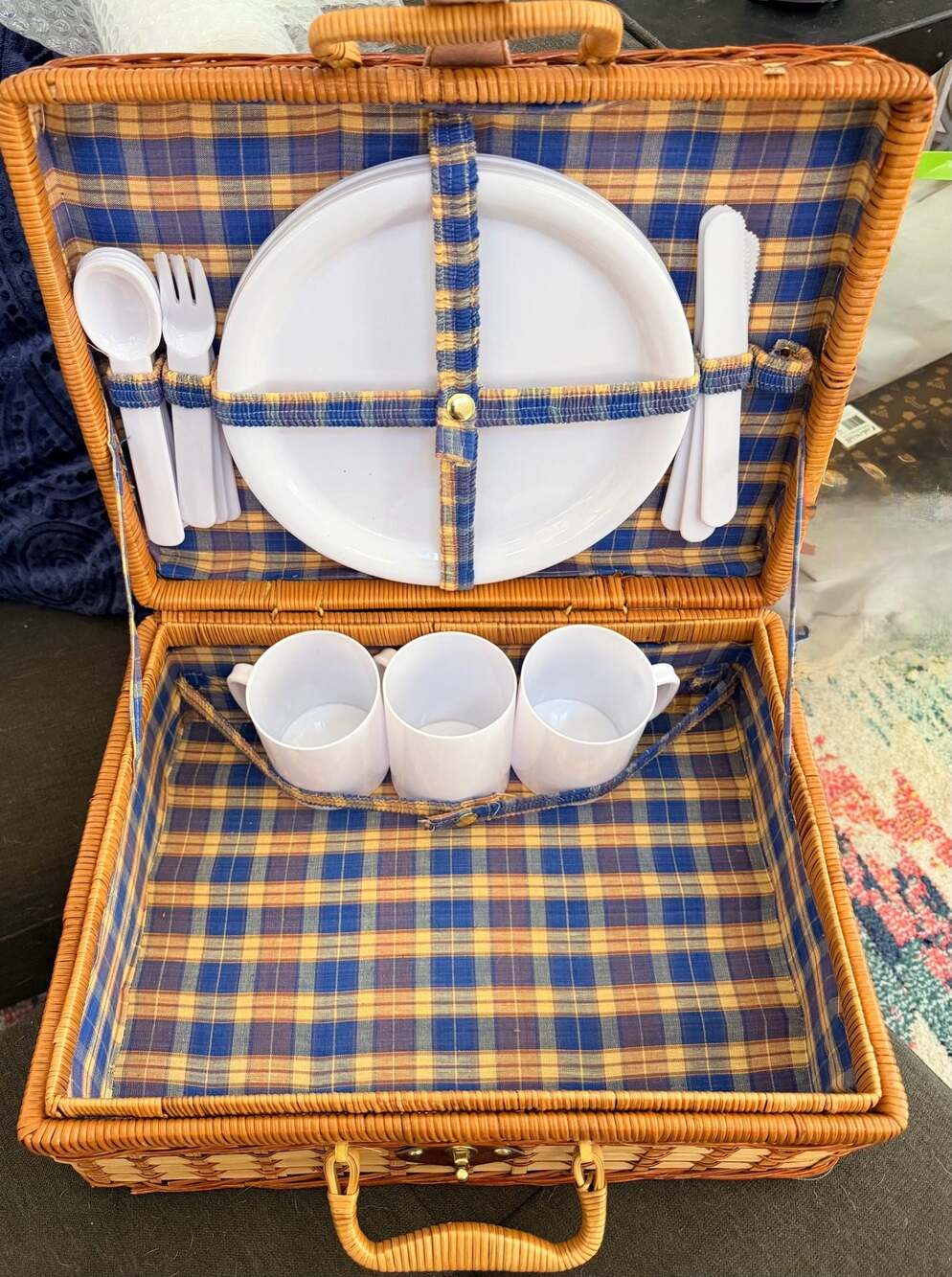 Vintage Wicker Suitcase-Style Picnic Basket with Blue Plaid Lining and Tableware